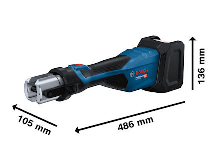 Blå och svart sladdlös verktyg med Bosch-logga, mått: 486 mm längd, 105 mm bredd, 136 mm höjd.