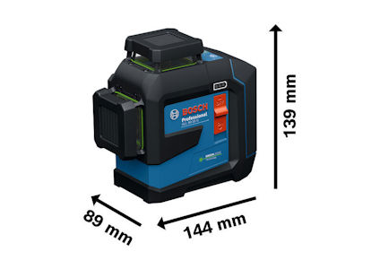 Bosch Professional grön lasernivå med måtten 89 mm x 144 mm x 139 mm.