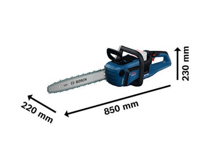 Motorsåg med blått och svart handtag, märkningen "Bosch" synlig, 850 mm lång kedja.
