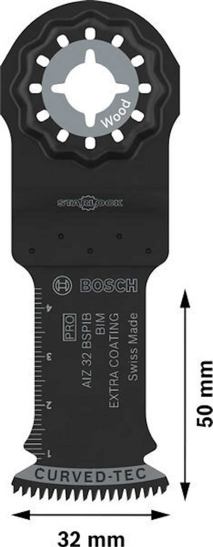 Svart Bosch sågblad för trä, modellnummer AIZ 32 BSPB, med måtten 32 mm bred och 50 mm lång.