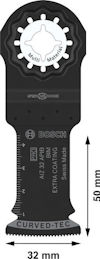 Multiverktygsblad av metall, svart, med text "BOSCH" och "32 mm". Mått: 50 mm längd, 32 mm bredd, "Swiss Made".