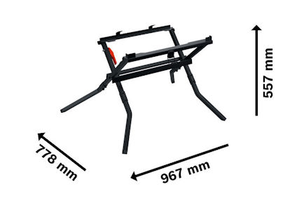 Svart ställning med justerbara ben; mått: 967 mm bred, 778 mm djup, 557 mm hög.