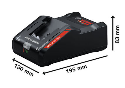 Laddare från Bosch med måttangivelser: 130 mm bred, 195 mm lång, 83 mm hög.