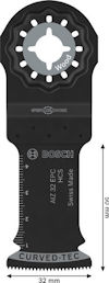 Multiverktygsblad för trä, svart. Märkt "BOSCH" och "SWISS MADE". Skala och piktogram ovanför CURVED-TEC. Måtten 32 mm x 50 mm.