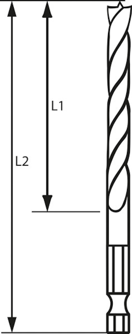 Diagram över borr med två längdmått, L1 och L2, markerade med dubbelriktade pilar.