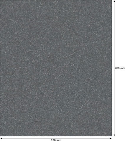 Svart rektangulärt sandpapper, dimensioner 230 mm x 280 mm, visas med pilar och måttangivelser.