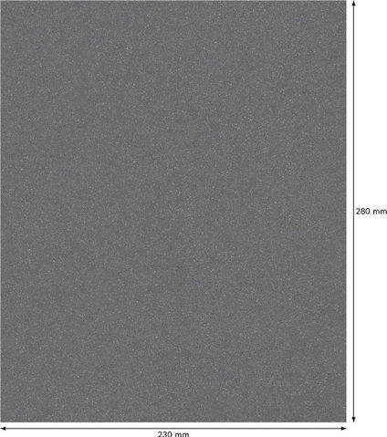 Rektangulärt grått sandpapper med måtten 230 mm x 280 mm.