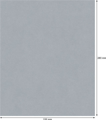 Plano ark grått papper med måttangivelser: 230 mm x 280 mm.