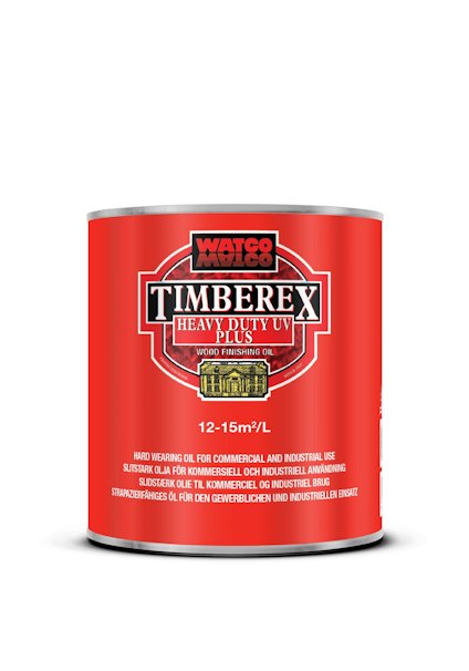Röd burk med texten "TIMBEREX Wood Finishing Oil" och kapaciteten "12-15m²/L", samt beskrivning på flera språk.