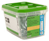 Plastförpackning med grönt lock innehållande träskruvar, text: "Wood Screw, 6X65, Pcs 100, Art 105294, Essve".