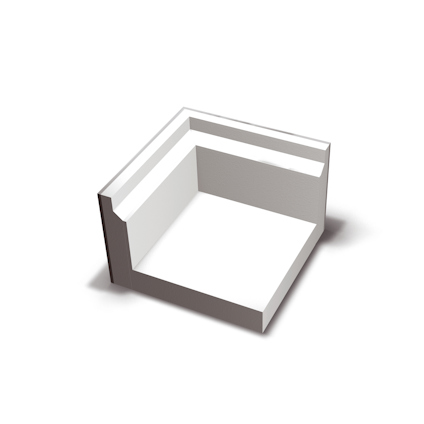 3D-rendering av ett vitt hörnblock med räta vinklar och skuggor.
