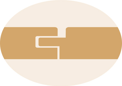 En oval form med en abstrakt design i mitten, bestående av bruna och beige block som går in i varandra.