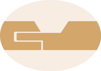 Ovalt emblem med abstrakt design i beige och brunt, bestående av raka och vinkelformade linjer som bildar ett stiliserat mönster.