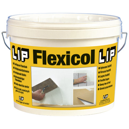 Hink med texten "LIP Flexicol" och instruktioner. Bild visar applicering av material på vägg.