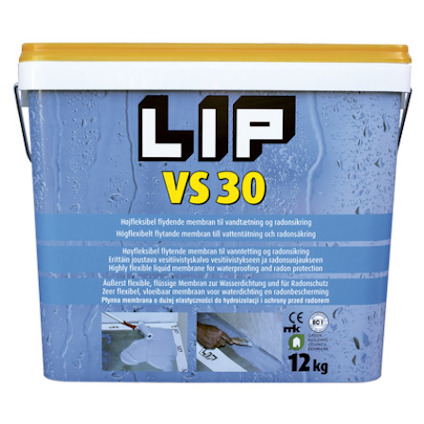 Vit och blå hink med texten "LIP VS 30" och information på flera språk. Hinken har ett handtag och är märkt med "12 kg".