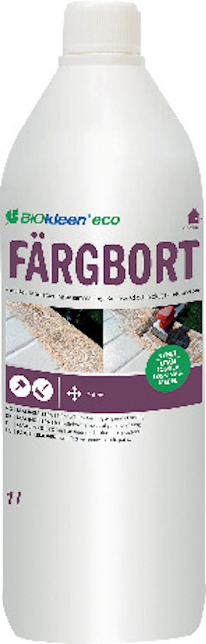 Vit flaska med etikett "BIOkleen eco FÄRGBORT". Avbildning av färgborttagning och text om användning och säkerhet. 1 liter.