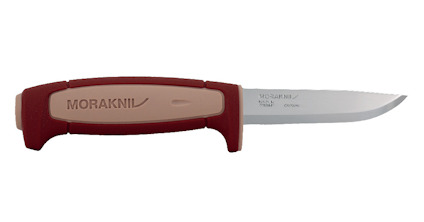 Morakniv med rödbrunt handtag, silvrigt blad och texten "MORAKNIV SWEDEN" på bladet.