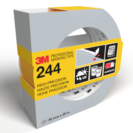Tejprulle och förpackning med texten "3M Professional Masking Tape 244, High Precision" samt symboler för UV och adhesionsförmåga.