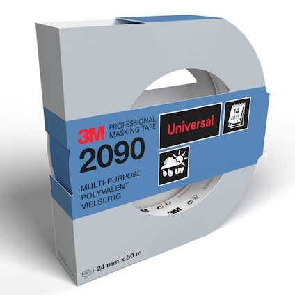 Maskeringstejp från 3M, förpackad i grå och blå kartong med texten "Universal 2090 Multi-Purpose".