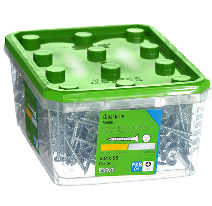Plastförpackning med 500 gipsskruvar, grönt lock. Text: "Gipsskruv kombi, 3.9 x 55, FZB C1".
