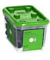 Transparent plastlåda med grön lock och texten "Plastic cap" samt "ESSVE".