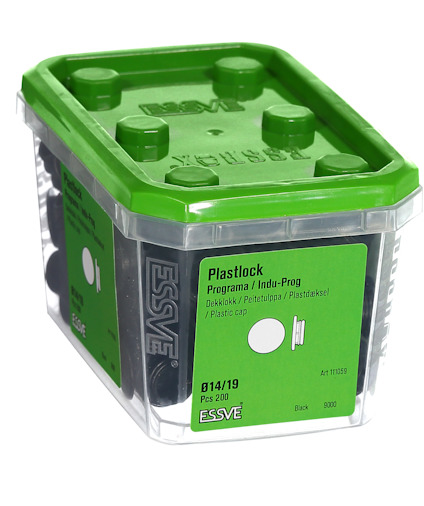 Transparent plastlåda med grön lock och texten "Plastic cap" samt "ESSVE".