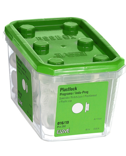 Plastförpackning med grön lock, innehållande plastlock. Text: "Plastlock Program/Indu-Prog", 200 st.