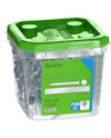 Plastlåda med gipsskruvar, text på etikett: "Gipsskruv 3,5 x 25 mm, PCS 250, ESSVE".