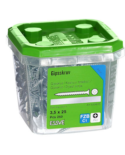 Plastlåda med gipsskruvar, text på etikett: "Gipsskruv 3,5 x 25 mm, PCS 250, ESSVE".