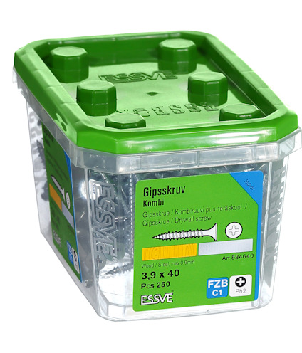 Transparent låda med grönt lock innehållande 250 gipskruvar, 3,9 x 40 mm, märkta som Essve, för trä/stål, artikel 534640.