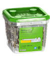 Förpackning med 250 gulpläterade sockelskruvar 3,4x45 mm, vit, från ESSVE.