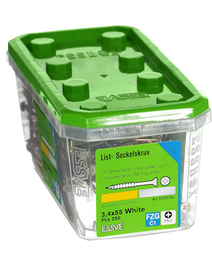 Förpackning med 250 vita list-sockelskruvar, 3,4x55 mm, varumärke ESSVE.