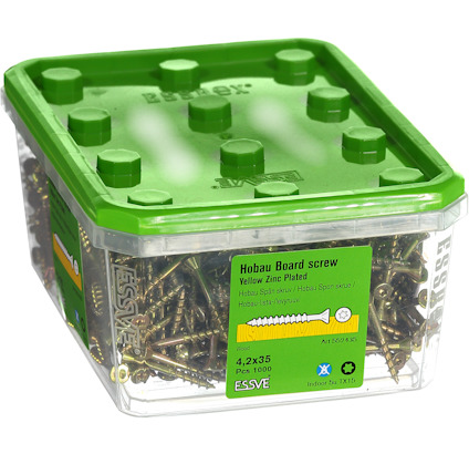 Plastburk med grönt lock, innehållande Hobau Board skruvar 4,2x35 mm, gulzinkade, 1000 st.
