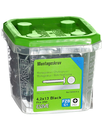 Plastförpackning med ESSVE montageskruv. Grön lock, etikett med storlek: 4,2x13 Black, 250 st.