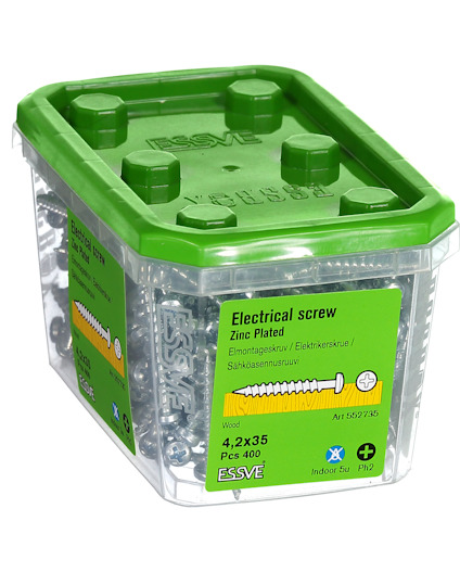 En grön plastbehållare med elektriska skruvar, 4.2x35 mm, 400 st. Märkt "Electrical screw, Zinc Plated" och "ESSVE".