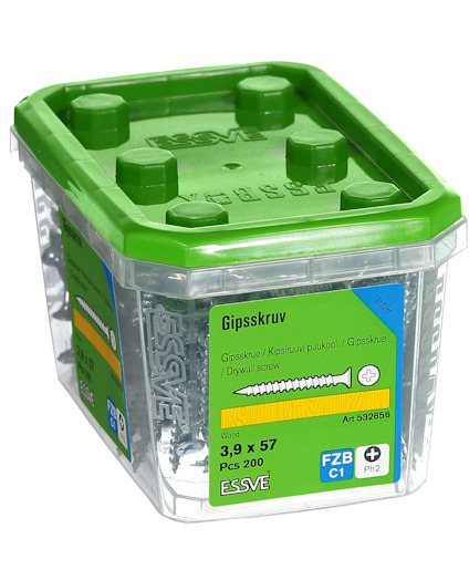 Transparent plastburk med grönt lock innehållande 200 gipsskruvar, 3.9 x 57 mm, märkt ESSVE.