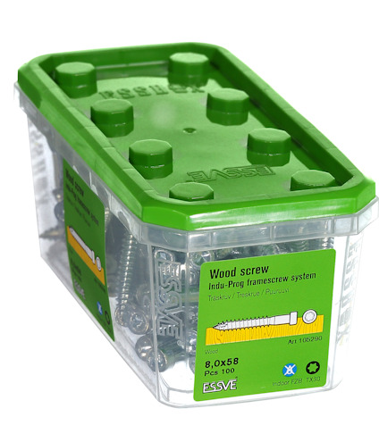 Plastlåda med grönt lock innehållande Essve träskruv, 8,0x58 mm, 100 st.