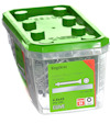 Transparent plastförpackning med grönt lock, innehållande 250 vingmuttrar, 4,8x45mm. Märkt "ESSVE", "Wing screw".