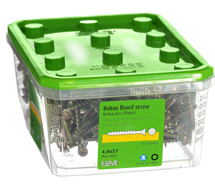 Plastförpackning med 400 gula zinkpläterade Hobau kortskruvar, 4,8 x 57 mm från ESSVE.