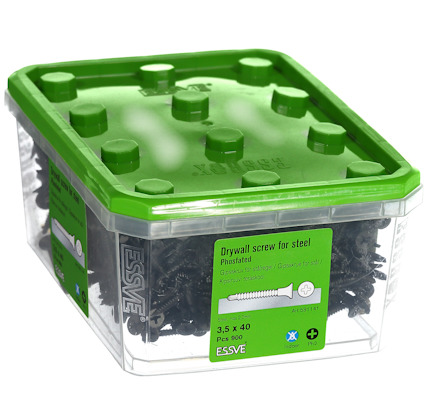 Plastbehållare med svart gipsskruv för stål, 3.5x45 mm, 400 st. Grön etikett med ESSVE-logotyp.