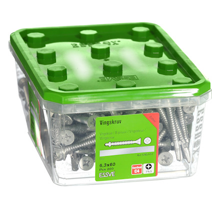 Plastlåda med grönt lock innehållande vingmutterskruvar, märkt Essve, 6,3x60 mm, 200 st.