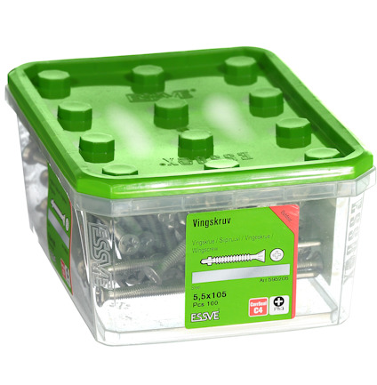 Transparent förpackning med Essve vingskruvar, grön etikett med text "Steel 6,5x105 Pcs 100".