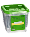 Transparent plastbehållare med grönt lock, innehållande Essve frame connector sleeves, 60 mm, 20 st. Text på framsidan: "Frame connector sleeve".