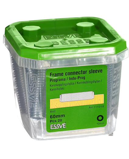Transparent plastbehållare med grönt lock, innehållande Essve frame connector sleeves, 60 mm, 20 st. Text på framsidan: "Frame connector sleeve".