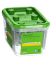 Skruvar i transparent plastbehållare med grönt lock, etiketttext: "Wood Screw Indu-Prog framescrew system".