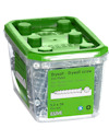 Plastburk med grönt lock innehållande 400 gipsskruvar, 5,2 x 38 mm.