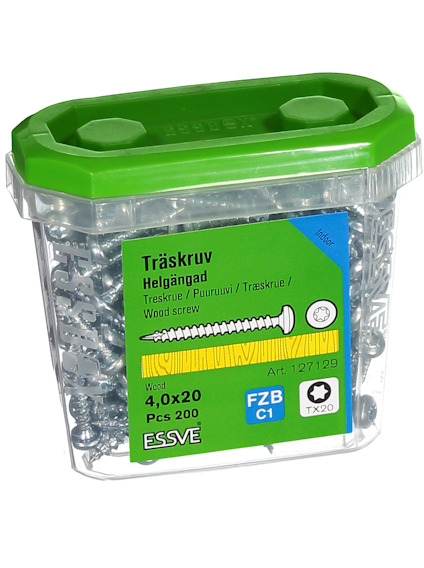 Plastburk med 200 helgängade träskruvar, storlek 4,0x20 mm, märkt Essve.
