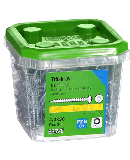 Plastförpackning med trallskruv, etiketterad "Träskruv 4,0x30, helgängad, pcs 200".