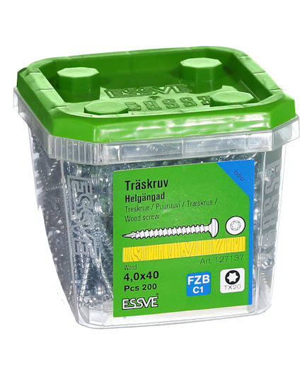 Förpackning med 200 träskruvar, helgängad, 4,0x40 mm, ESSVE, grön etikett med produktinformation.