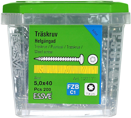 Förpackning med Träskruv Helgängad, 5x40 mm, 200 st, ESSVE.